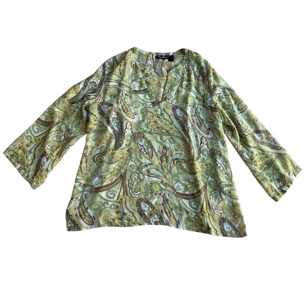 Ashley Stewart Women’s Green Paisley Earthy Boho V Neck Size 2X‎ Blouse